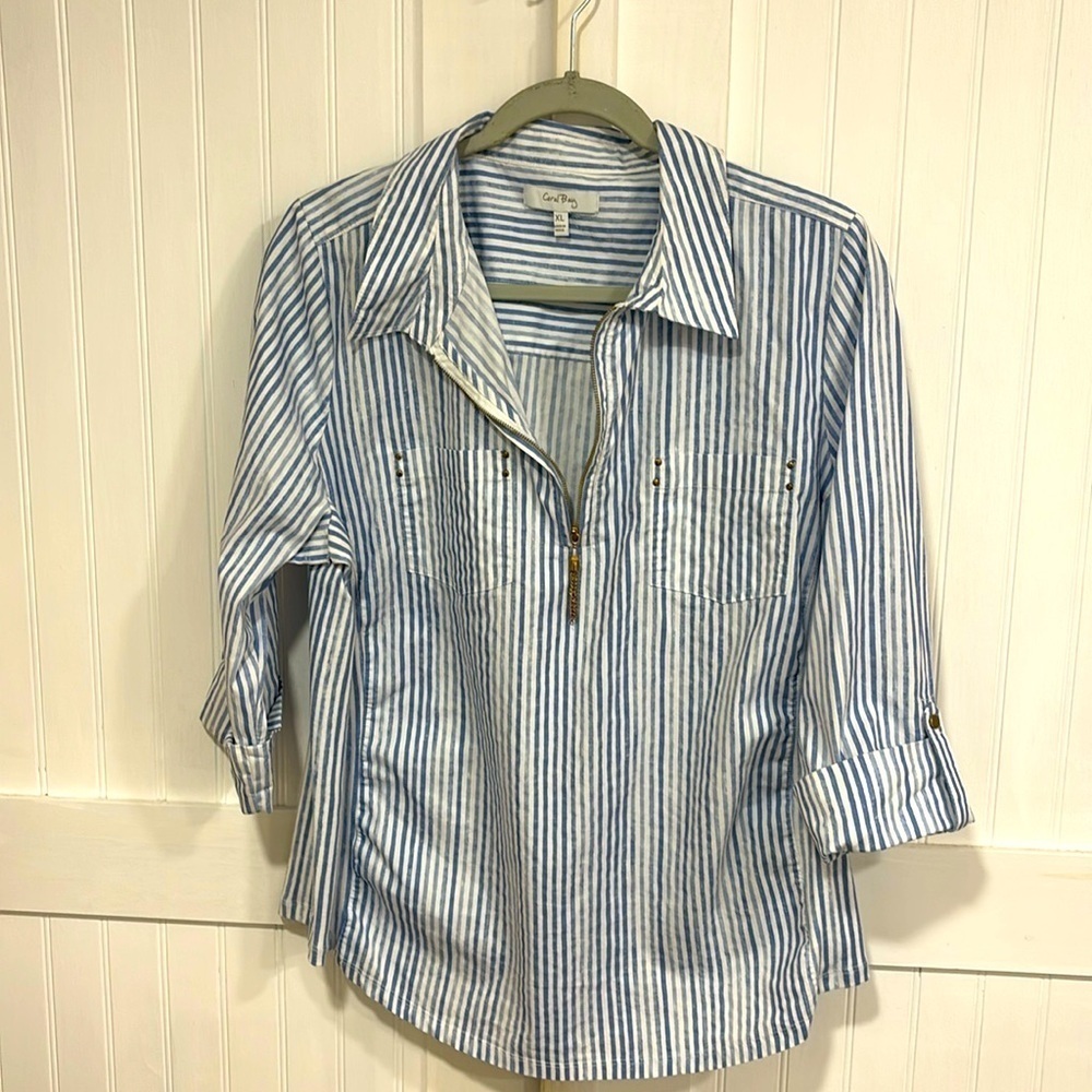 Coral Bay blue & white striped, half zip, roll tab sleeve blouse size XL ￼